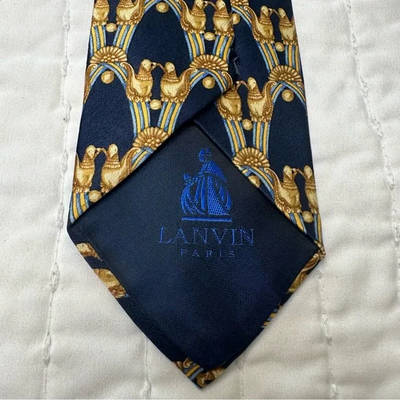 100% Silk Lanvin Paris Designer Blue and Gold Patterned Silk Tie - Picture 6 of 8